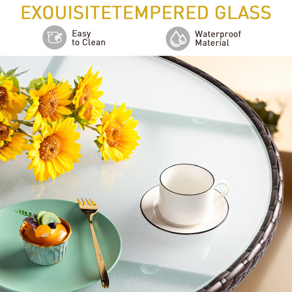 31.5" Round Brown Rattan Wicker Patio Table with Glass Top