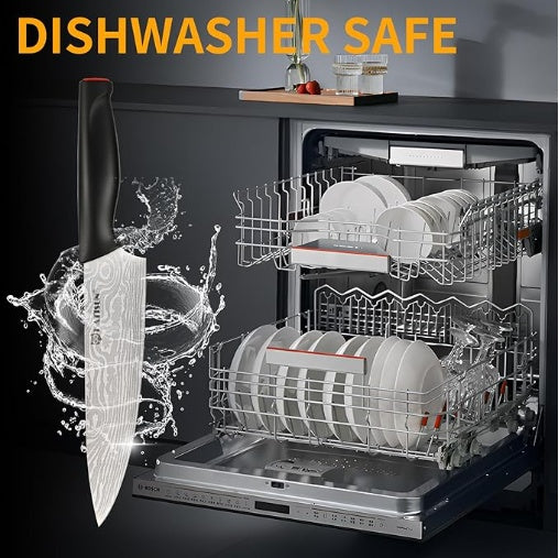 Damascus Pattern 15-Piece Kitchen Knife Set With Block, High Carbon Steel Chef Knife, Includes Sharpener And Scissors, Ergonomic Black Anti-Slip Handle And Red Trim