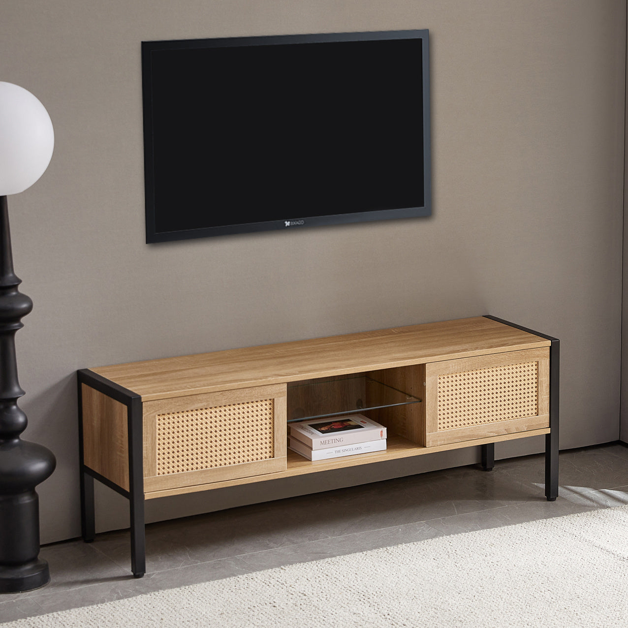Rattan TV Cabinet Double Sliding Doors TV Console TV Stand For Living Room
