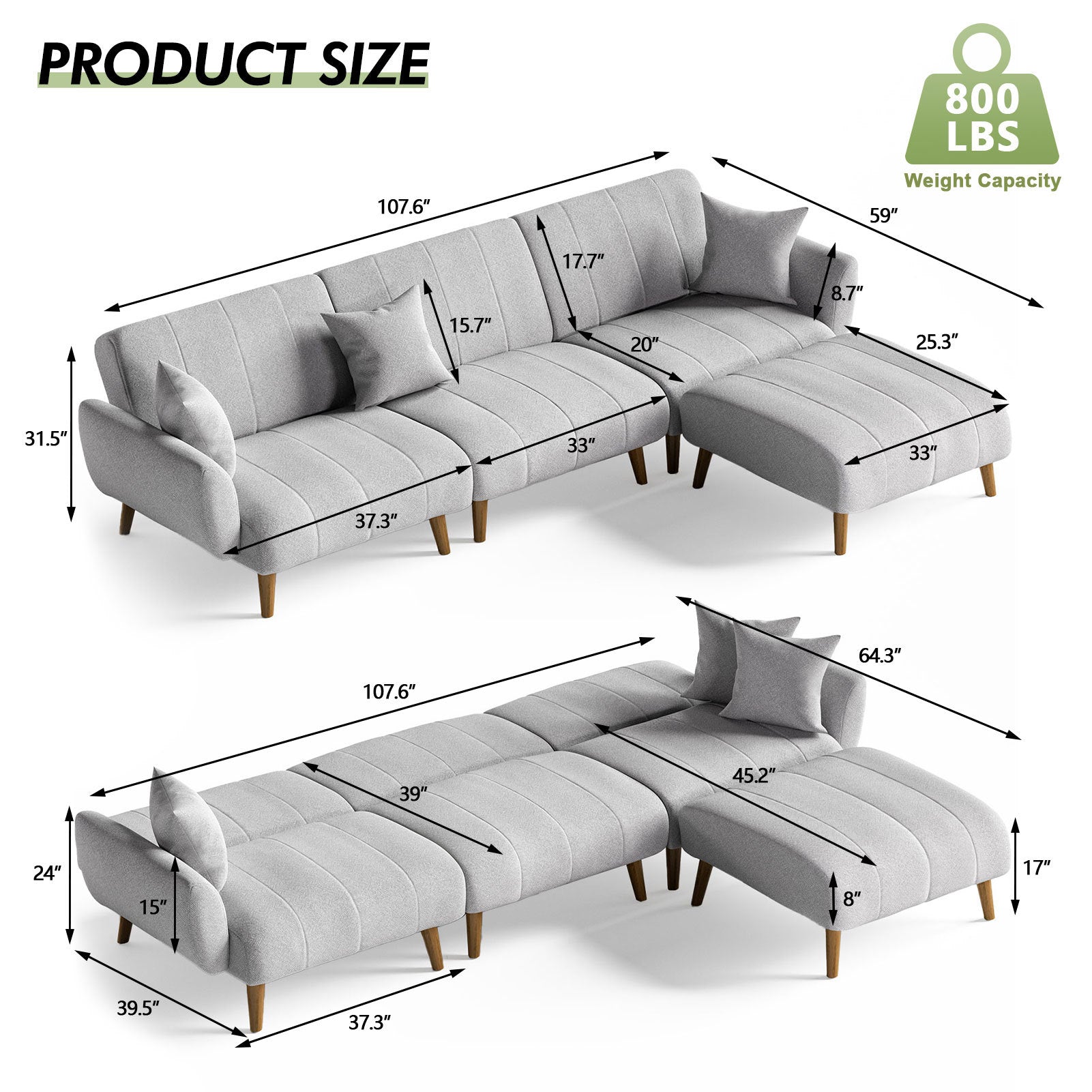 4 - Piece Upholstered Sectional Sofa Bed (Modular, Adjustable Backrests)