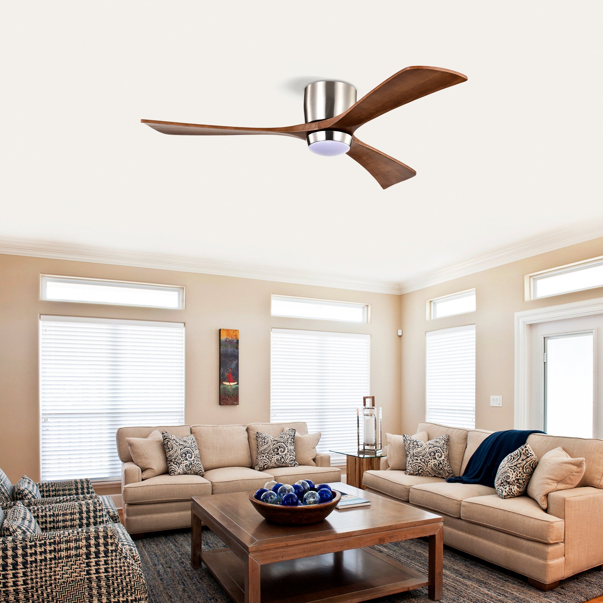 52" Ceiling Fan with Lights - DC Motor, Remote, Reversible (Stain Nickel + Walnut)