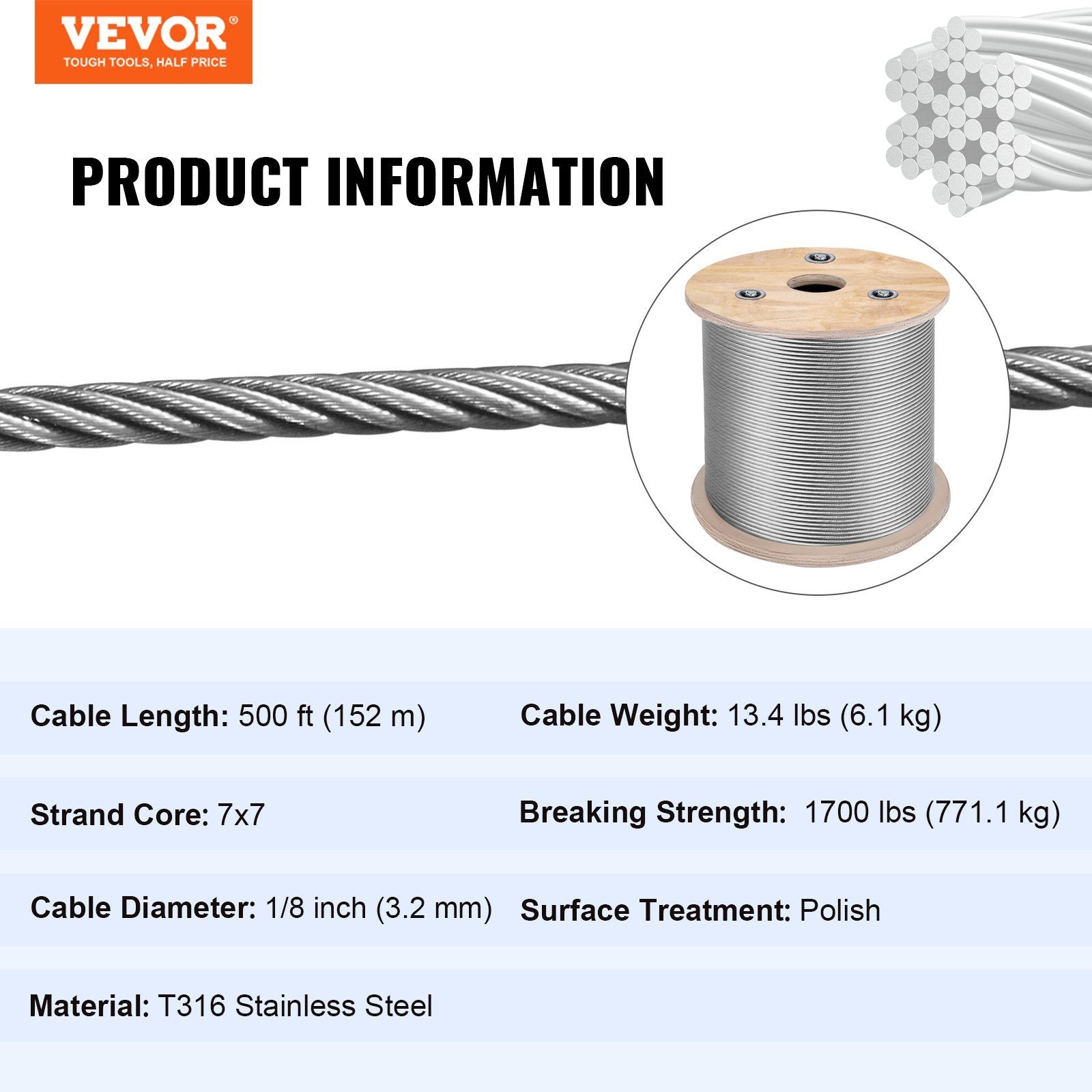 VEVOR Stainless Steel Cable Railing 500ft, Wire Rope 316 Marine Grade