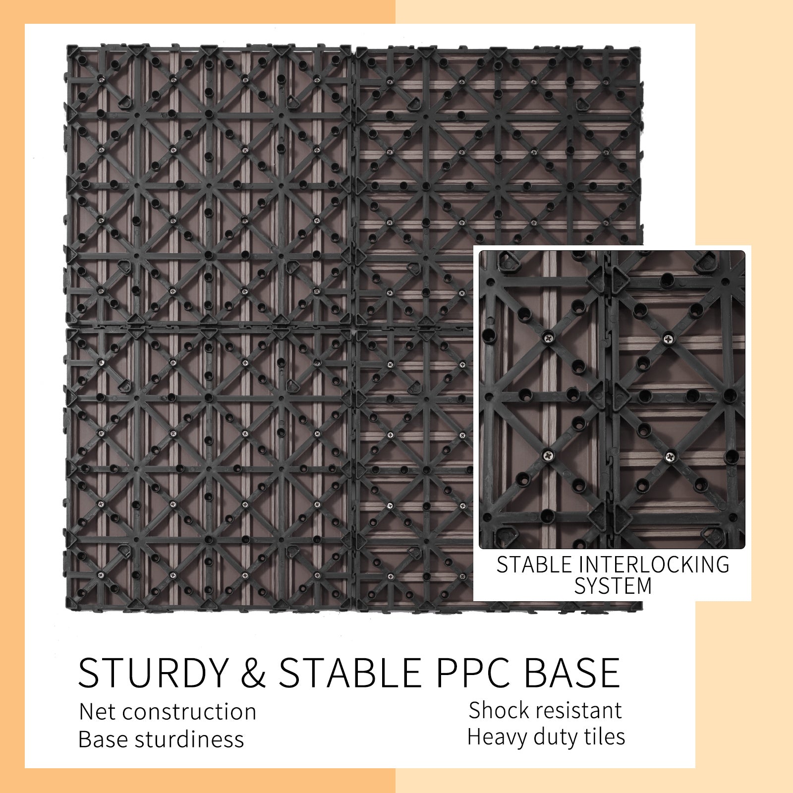 Coocosh PPC Base Tile, Sturdy and Shock Resistant, Interlocking System, Dark Black Color, Each tile measures 12" x 12", Close-up perspective showcasing texture and durability.