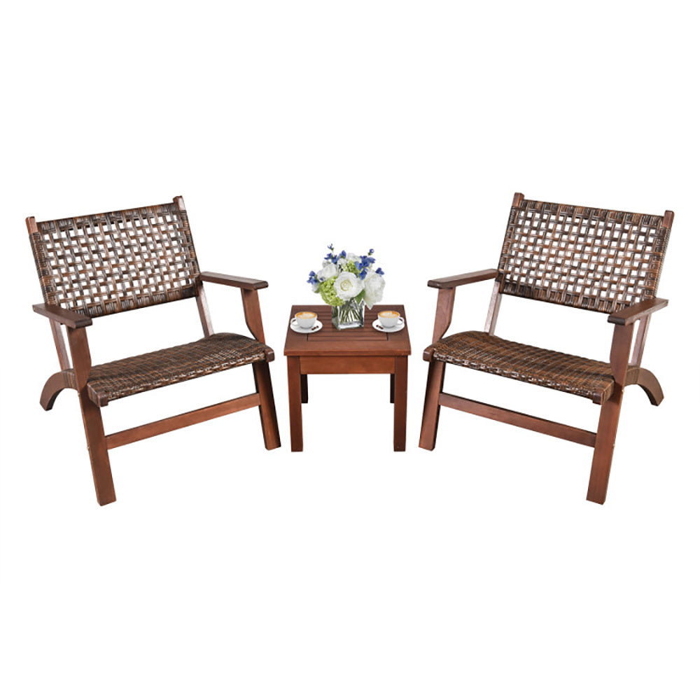 Coocosh wooden patio furniture set featuring chic armchairs paired with a sturdy coffee table, constructed from robust eucalyptus wood, perfect for creating an inviting outdoor lounge.