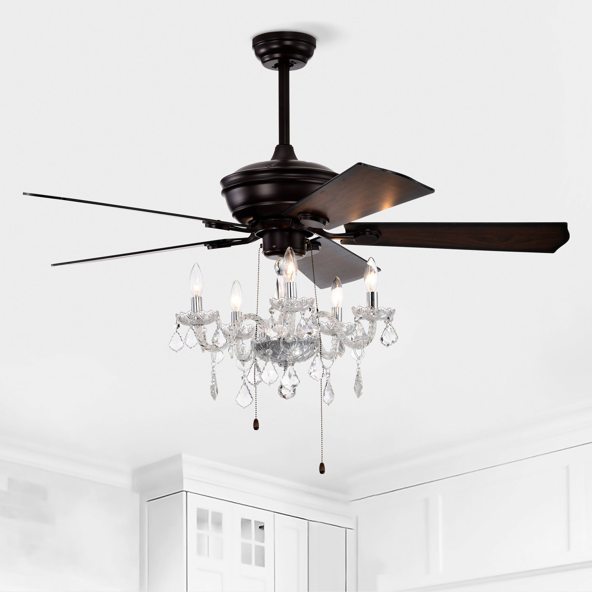 52" Matte Black Crystal Shade Ceiling Fan Lamp — 3-Speed Reversible Motor, 5 Reversible Blades (E12×5, Bulbs Not Included)