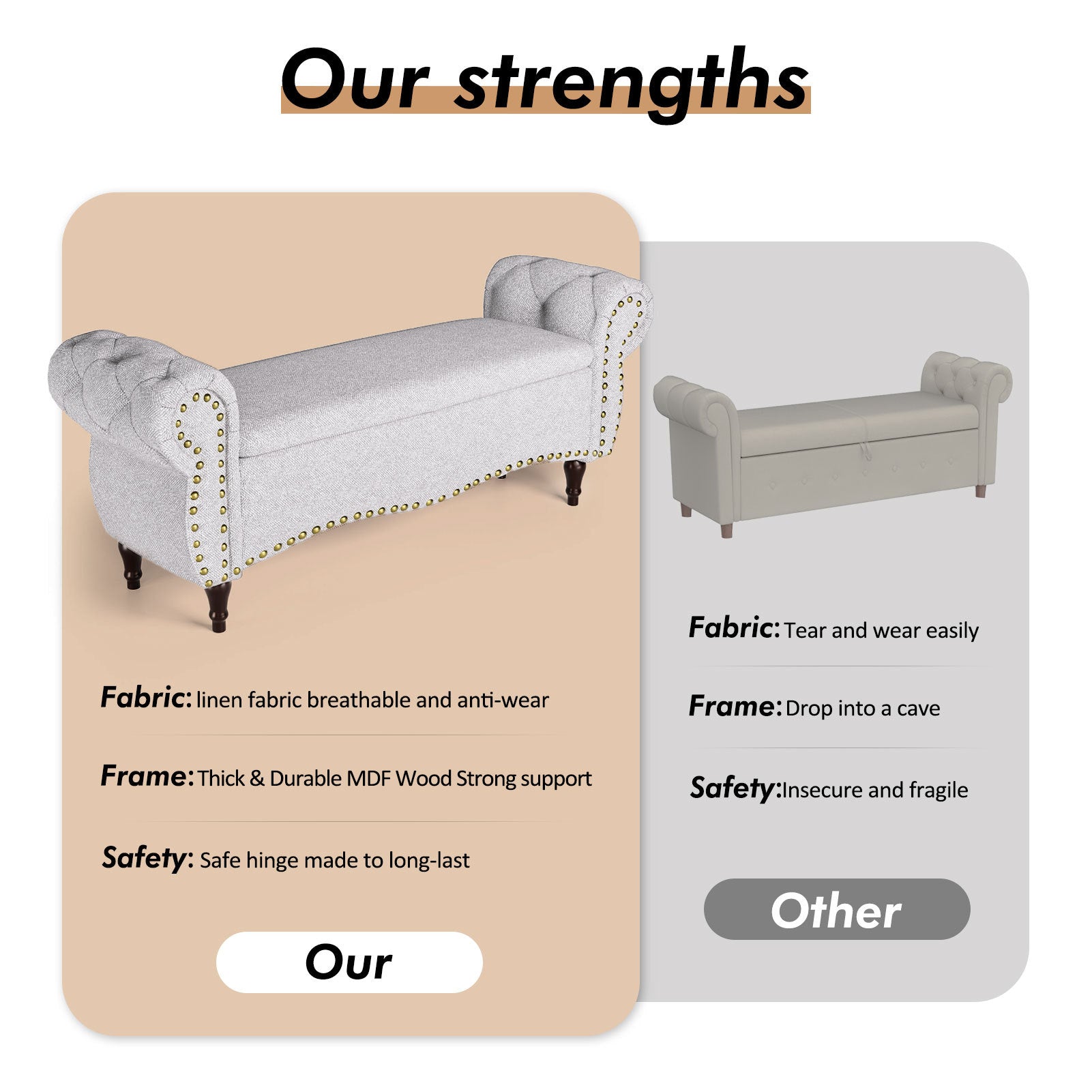 53\" Upholstered Storage Bench & Ottoman - Light Gray