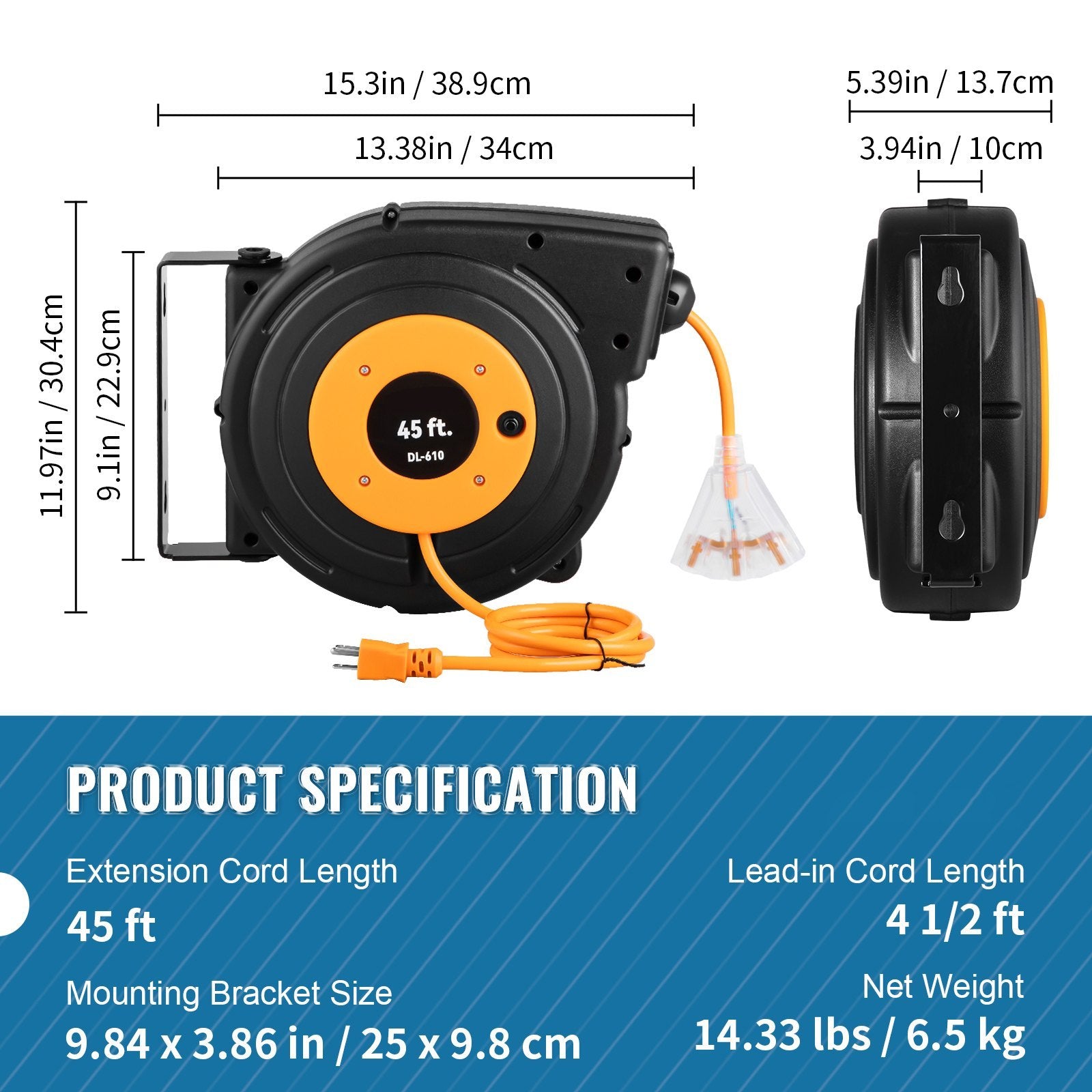 VEVOR Retractable Extension Reel, Heavy Duty 12AWG 3C SJTOW Power Cord 45 FT, Black