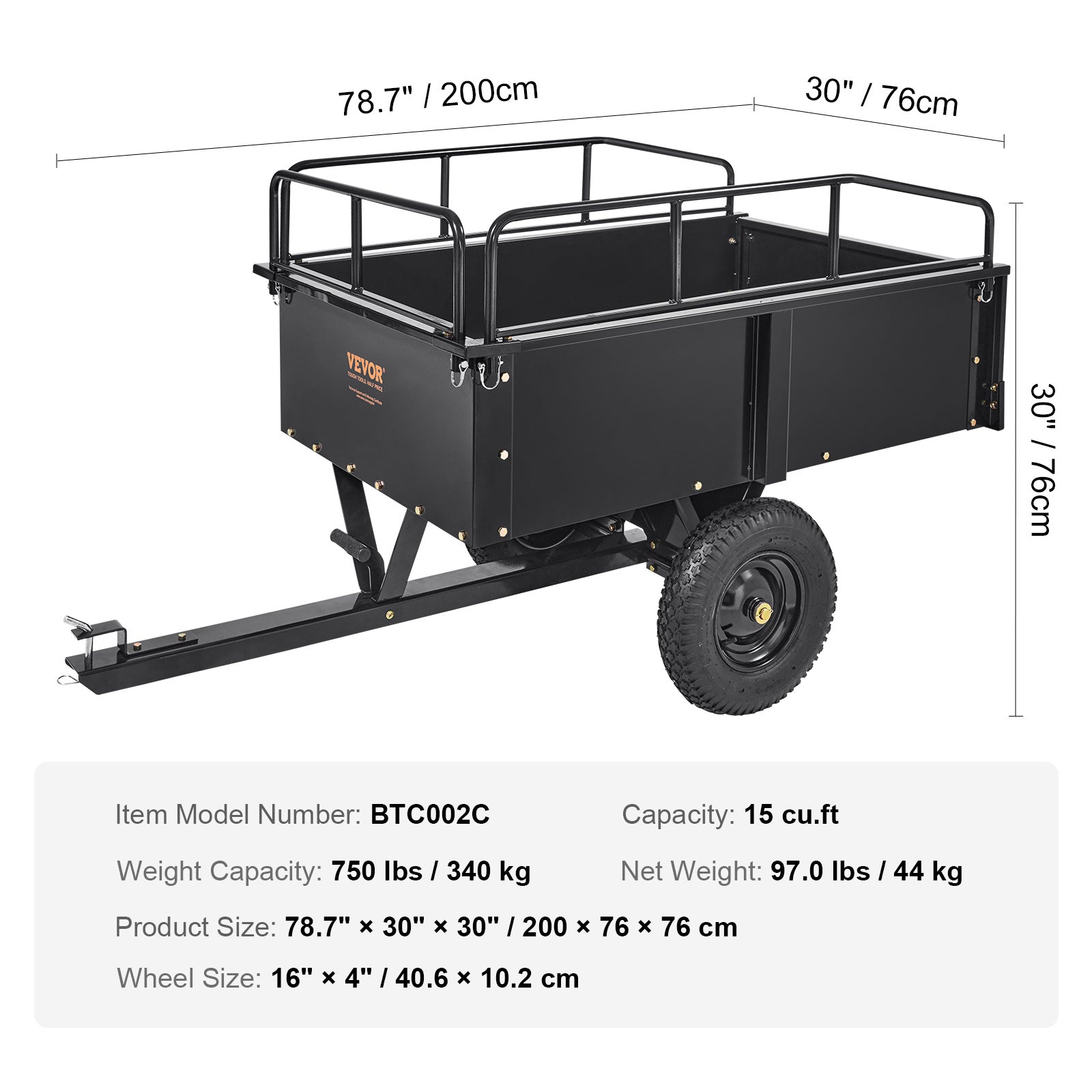 VEVOR Heavy Duty ATV Trailer Steel Dump Cart, 750-Pound 15 Cubic Feet