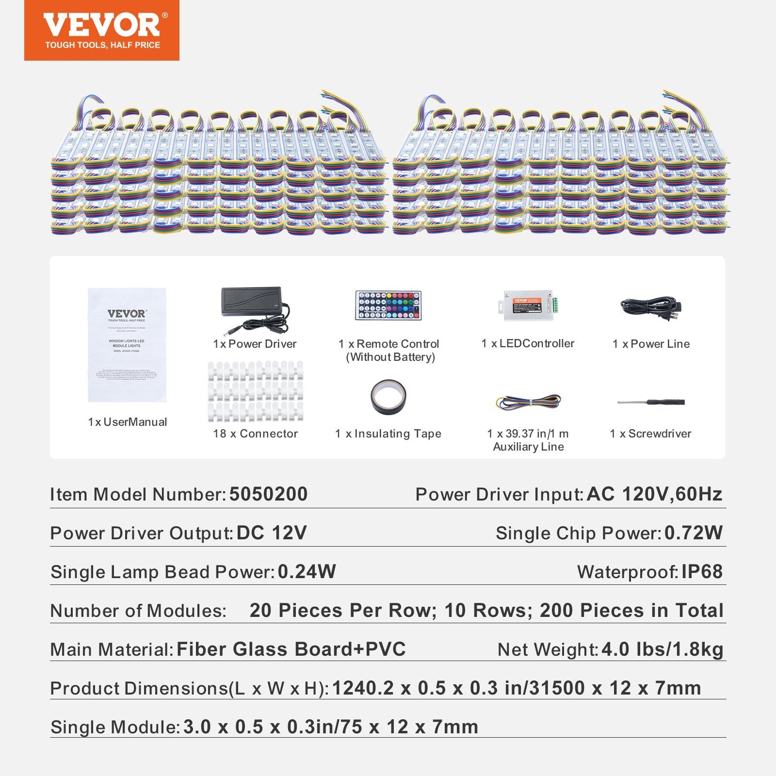 VEVOR 200PCS LED Storefront Lights, 103 Ft, RGB, IP68