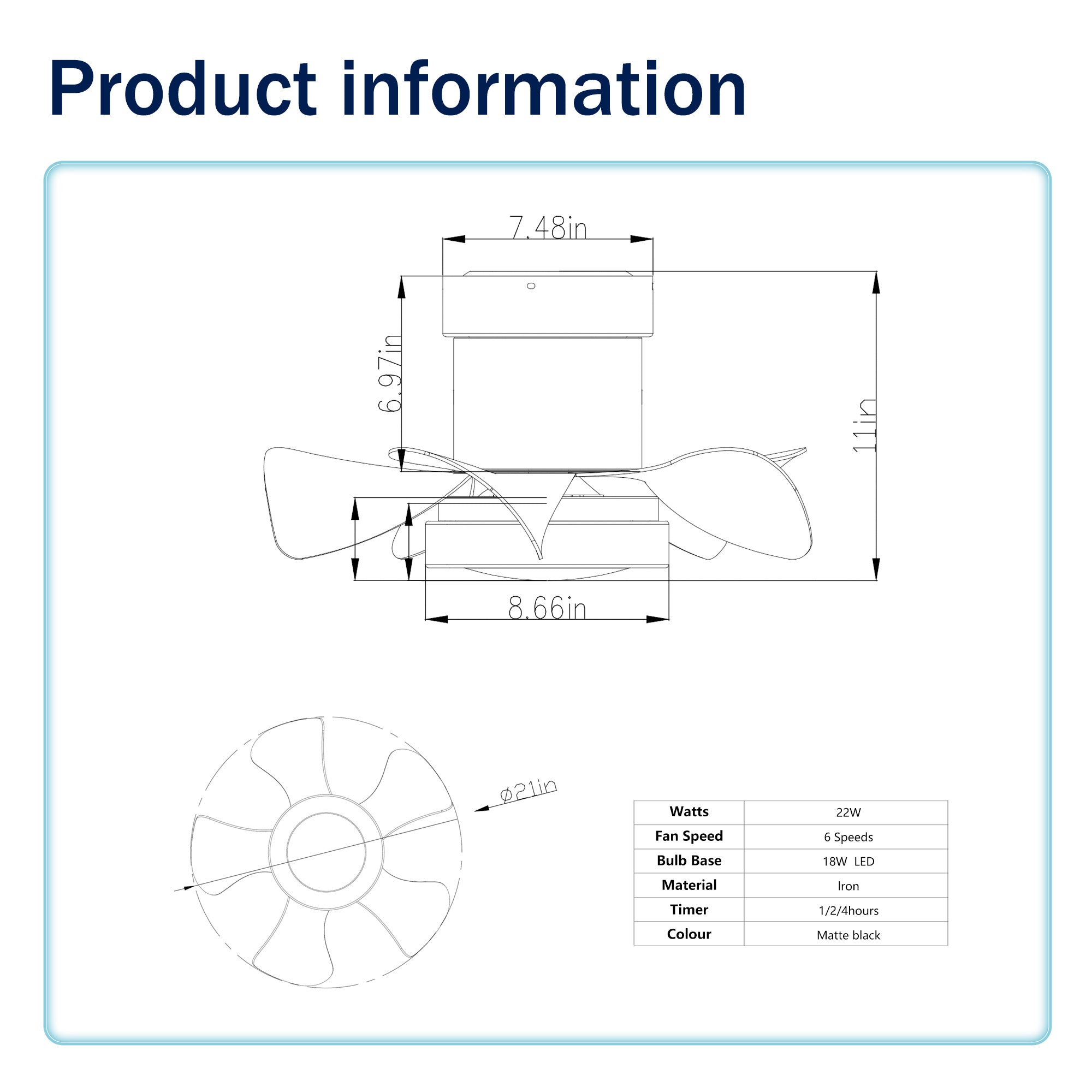 21'' Low Noise Matte Black ABS Blade Remote Ceiling Fan With LED Light