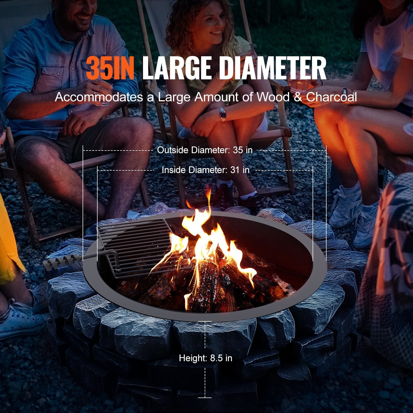 35" Fire Pit Ring with Swivel Grill – Heavy-Duty Steel Outdoor Campfire Insert