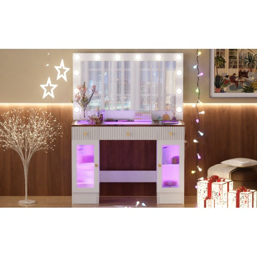 43.3" Vanity Desk With Large Mirror & Hollywood Bulbs — Modern Glass Top Makeup Vanity with Drawers, RGB Cabinets & Power Outlet