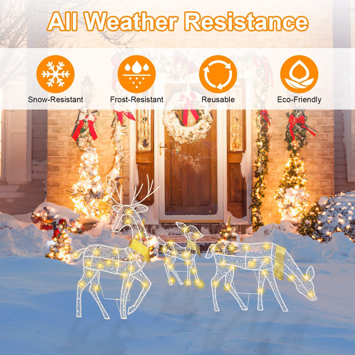 3 Sets Lighted 2D Reindeer Family — Warm Yellow LED Christmas Decoration (Buck, Doe, Fawn)