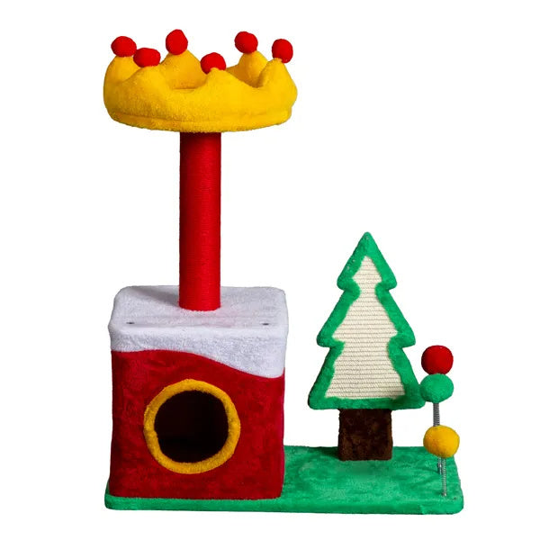 29.5in Christmas-Themed Plush Cat Tree — Multi-Level Cat Tower & Condo