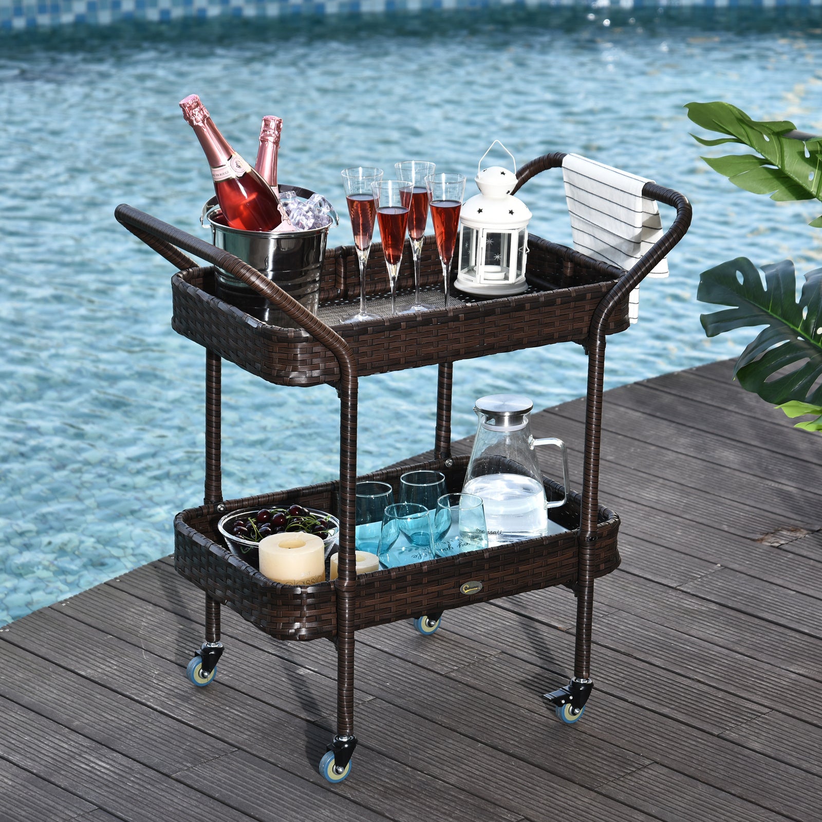 Rattan Wicker Outdoor Kitchen Trolley, Rolling Serving Cart With 2 Tray Shelves, Brown
