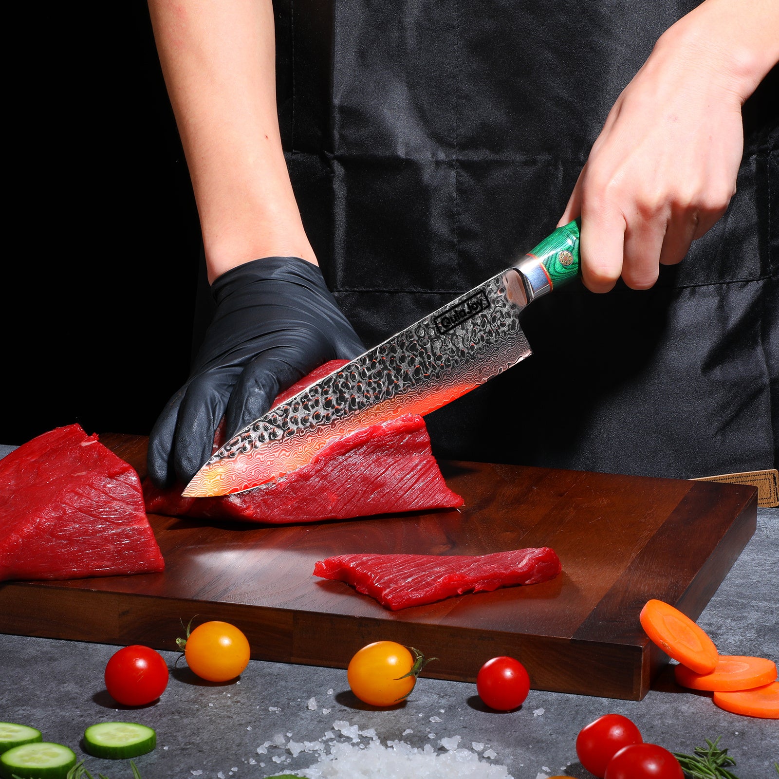 Qulajoy Japanese Chef Knife 8 Inch, 67-Layer Damascus VG-10 Steel Core — Hammered Blade & Ergonomic Bamboo-Style Wooden Handle