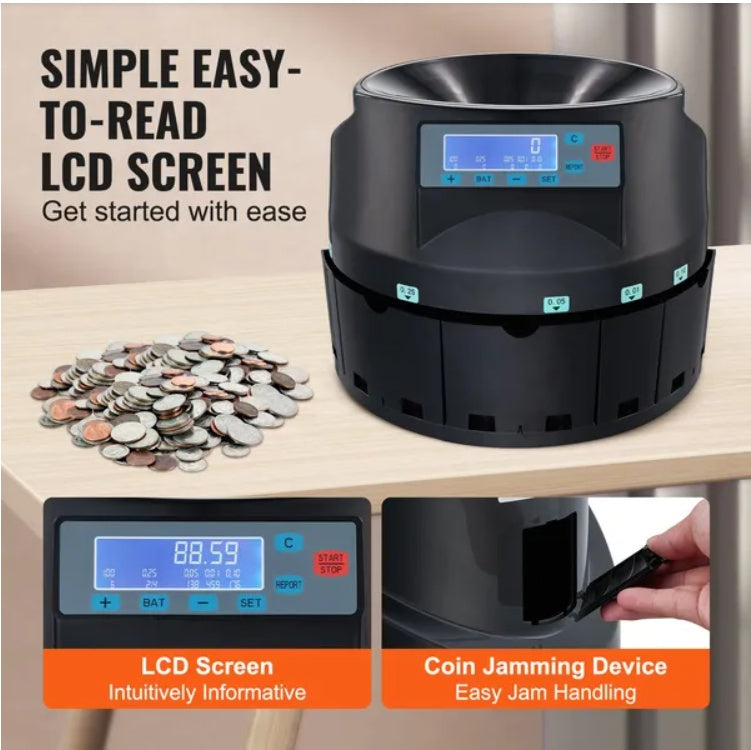 VEVOR USD Coin Sorter Coin Counter Wrapper And Roller - 300 Coins/Min LCD