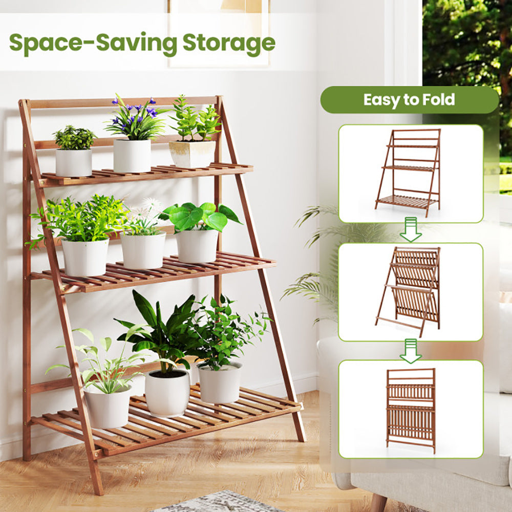 3-Tier Bamboo Ladder Shelf Foldable Plant Flower Bookshelf