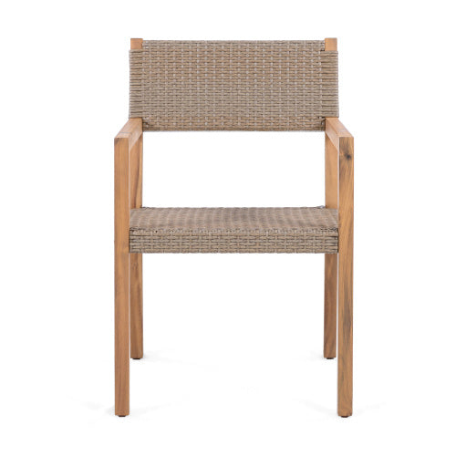 Outdoor Dining Chairs Set of 2 — Light Teak Acacia Frame & Multi Light Brown PE Wicker