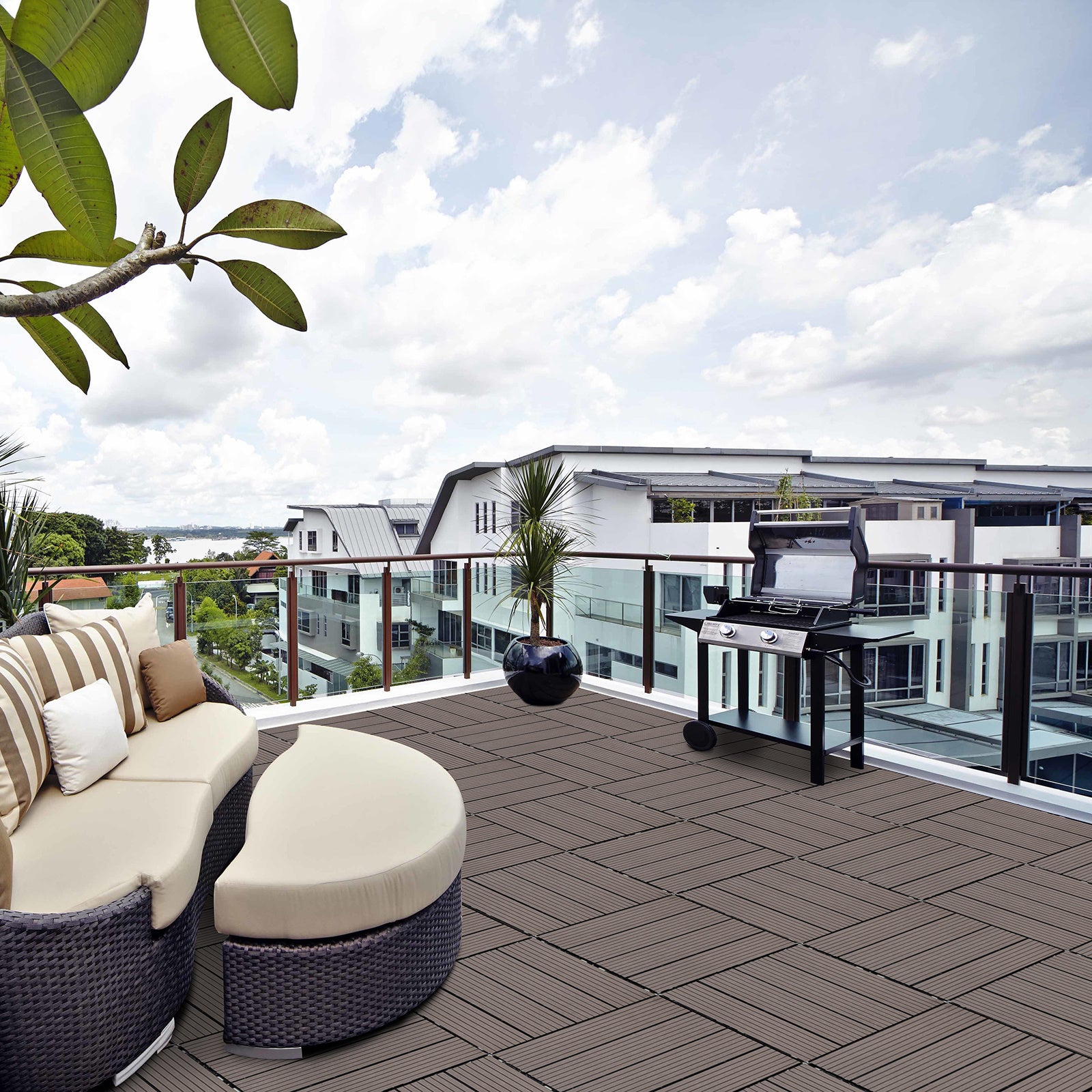 Coocosh garden tiles crafted from durable WPC material, featuring a light coffee finish, ideal for creating a stylish outdoor space that drains efficiently.