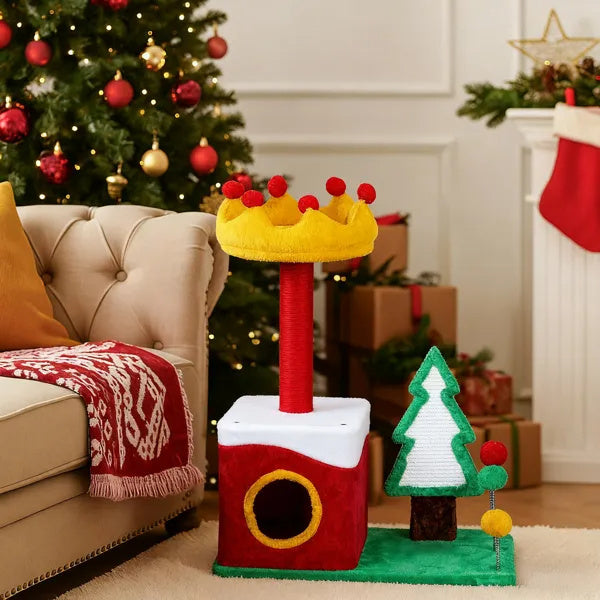 29.5in Christmas-Themed Plush Cat Tree — Multi-Level Cat Tower & Condo