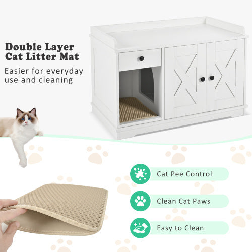 GO Cat Litter Box Enclosure, Hidden Litter Box Furniture with Storage Drawer & Mat — Farmhouse White