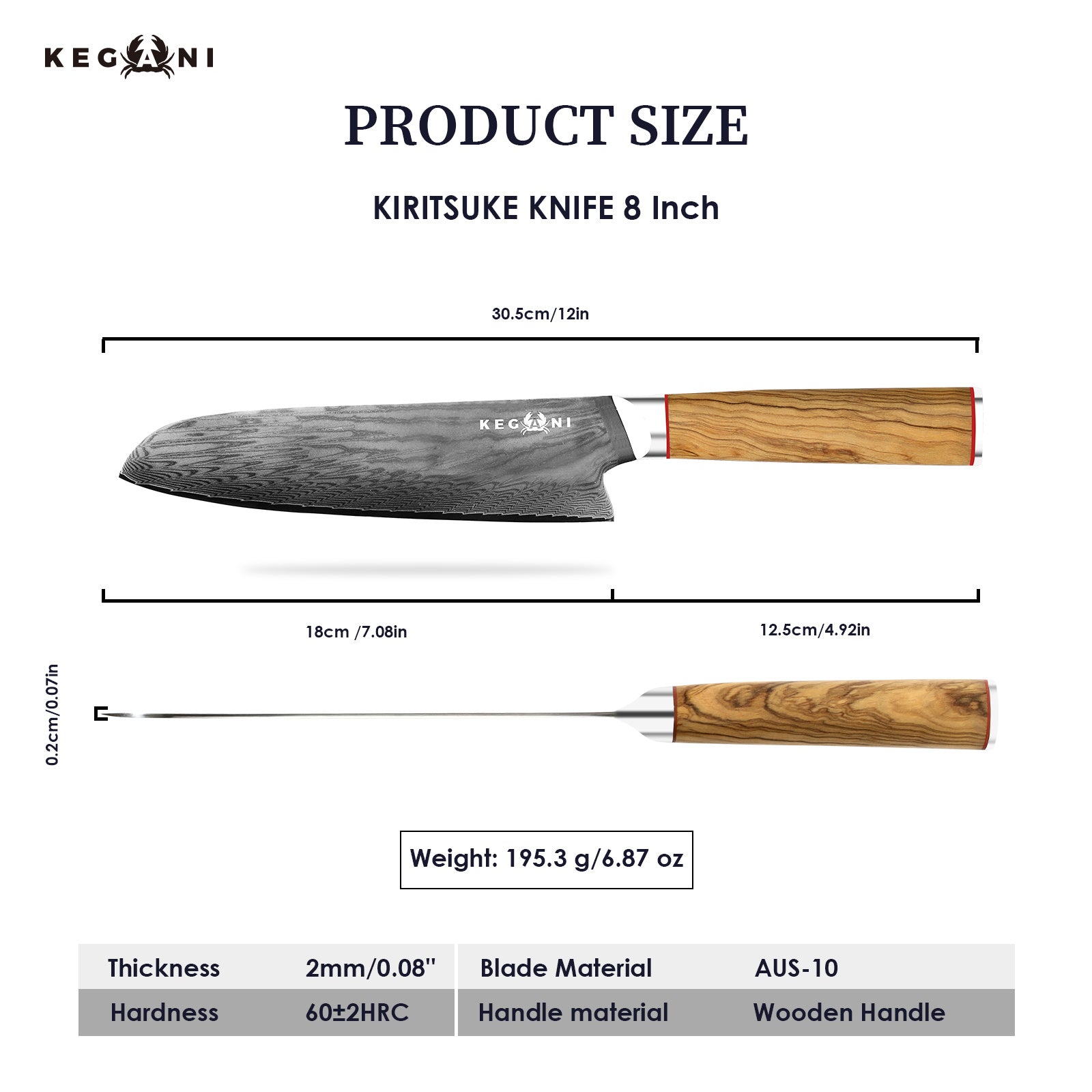 Kegani Kiritsuke Knife - 8 Inch Professional Japanese Chef's Knife, 67 Layers AUS-10 Damascus Steel - D-Shaped Wood Handle