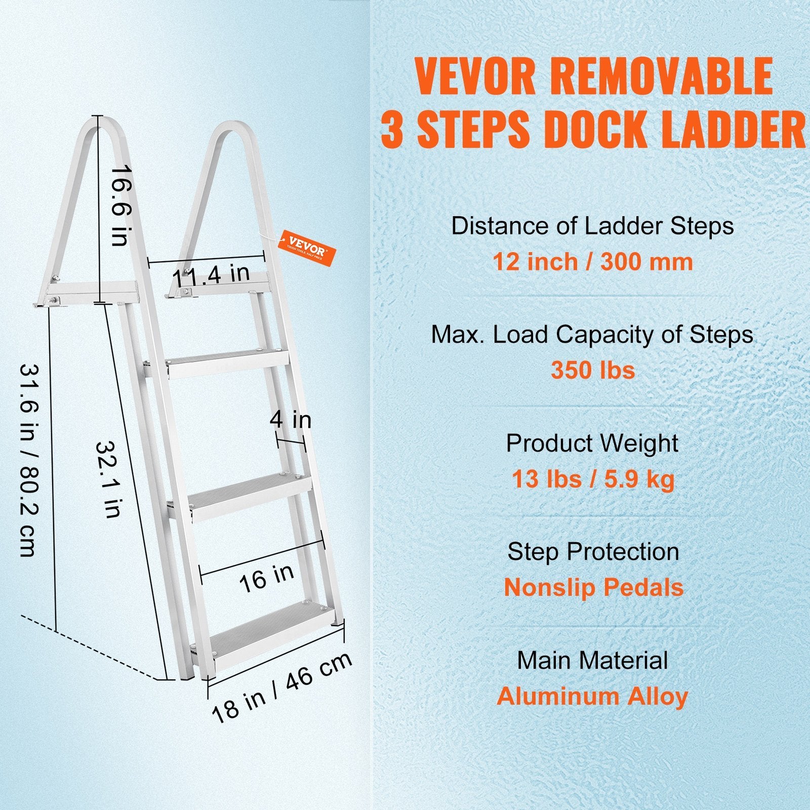 VEVOR Dock Ladder, Removable 3 Steps, 350 Lbs Load Capacity, Aluminum Alloy Pontoon Boat Ladder With 4 Wide Step & Nonslip Rubber Mat, Easy To Install For Ship Lake Pool Marine Boarding