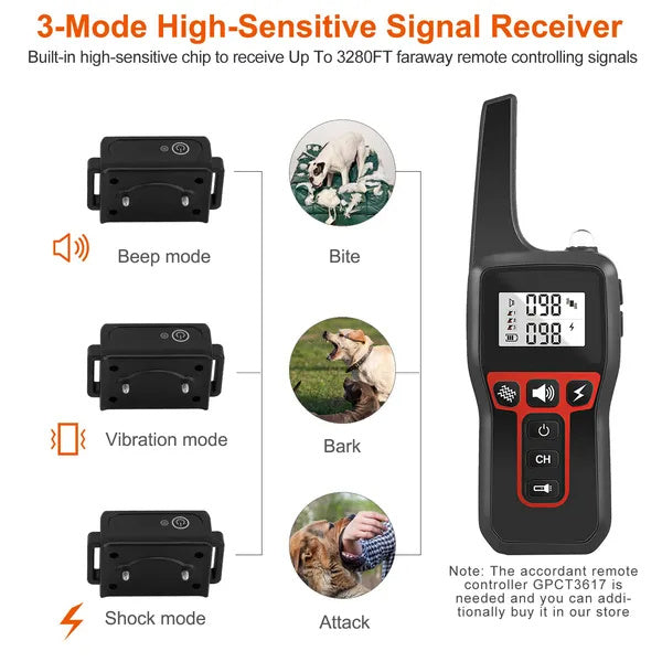 Dog Training Collar Receiver IP67 Waterproof — Shock, Vibration & Beep, Up to 3280ft