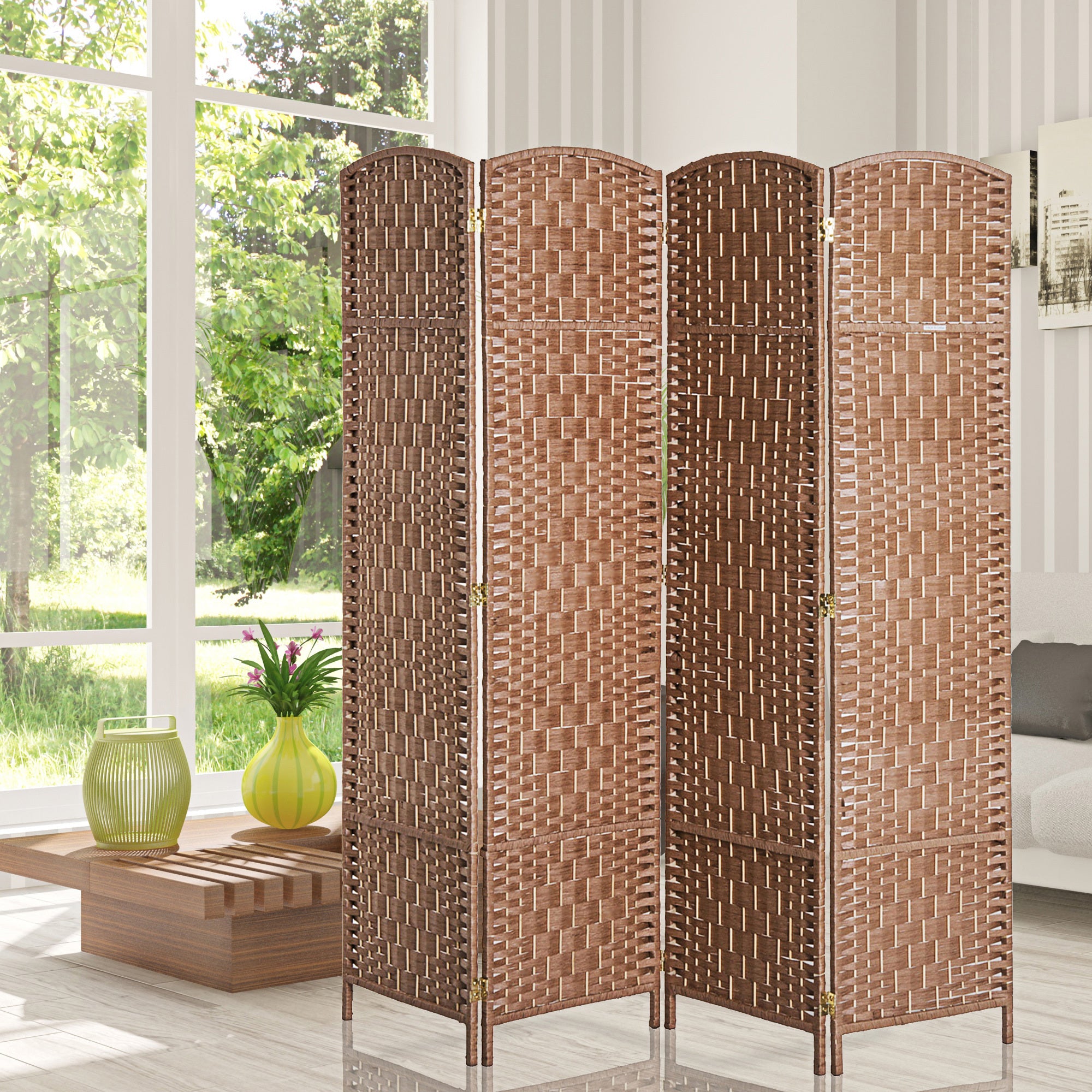 Coocosh room divider featuring a woven rattan design in a warm brown hue, offering privacy and elegant style for your living space.