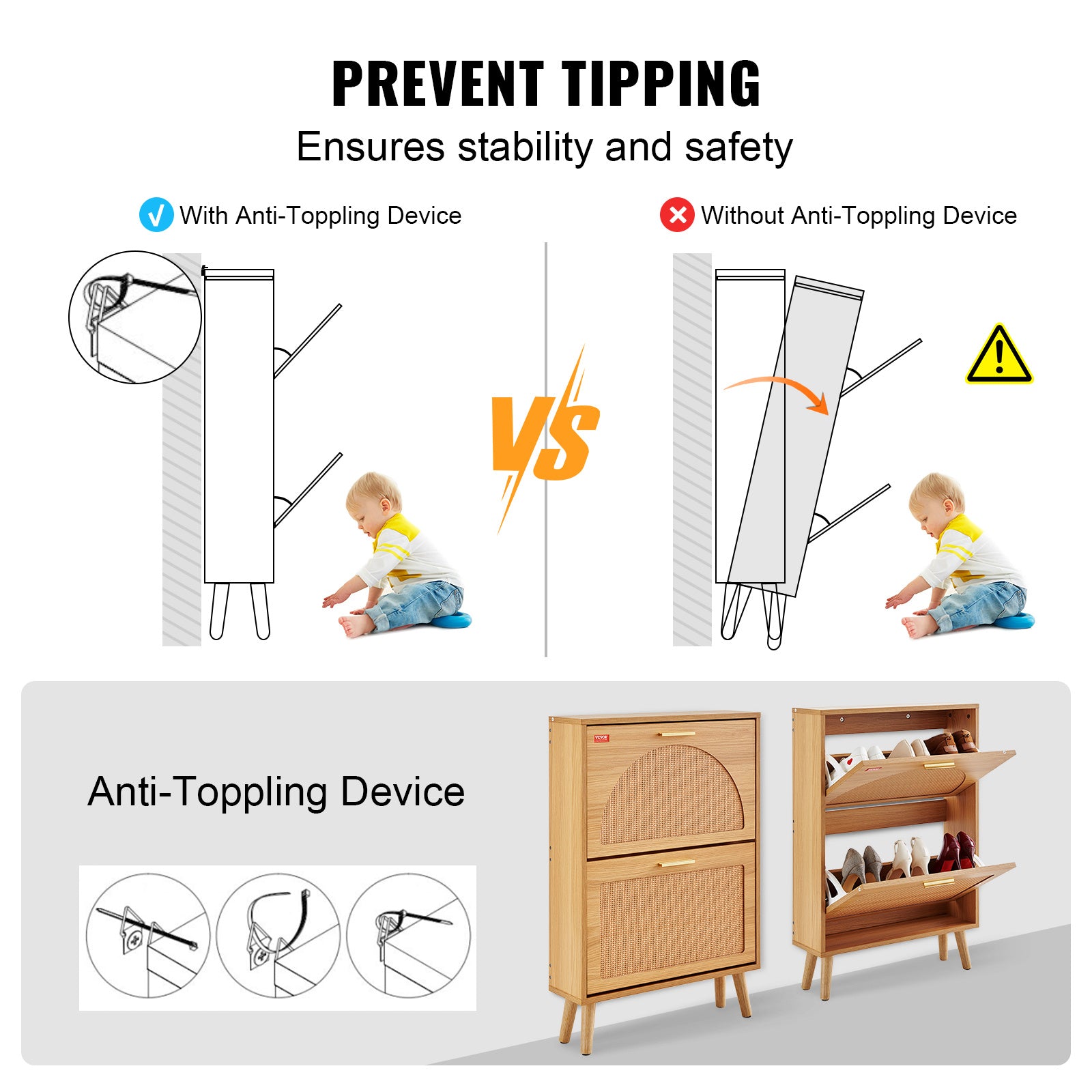 VEVOR Shoe Cabinet With 2 Flip Drawers, Rattan Door Shoe Storage Organizer