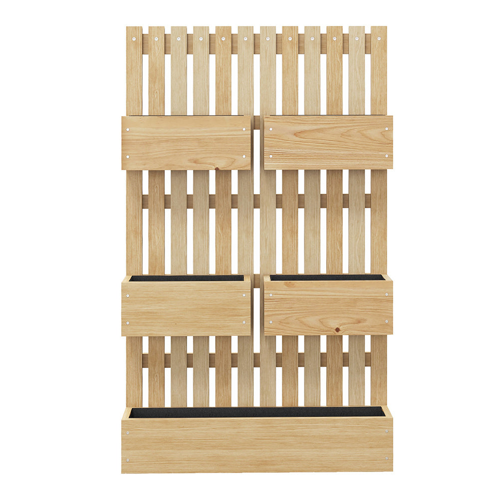 Coocosh Vertical Garden Planter, a wooden outdoor planter with four planting boxes, natural color, enhancing space for greenery, ideal for small patios, dimensions optimal for urban gardening.