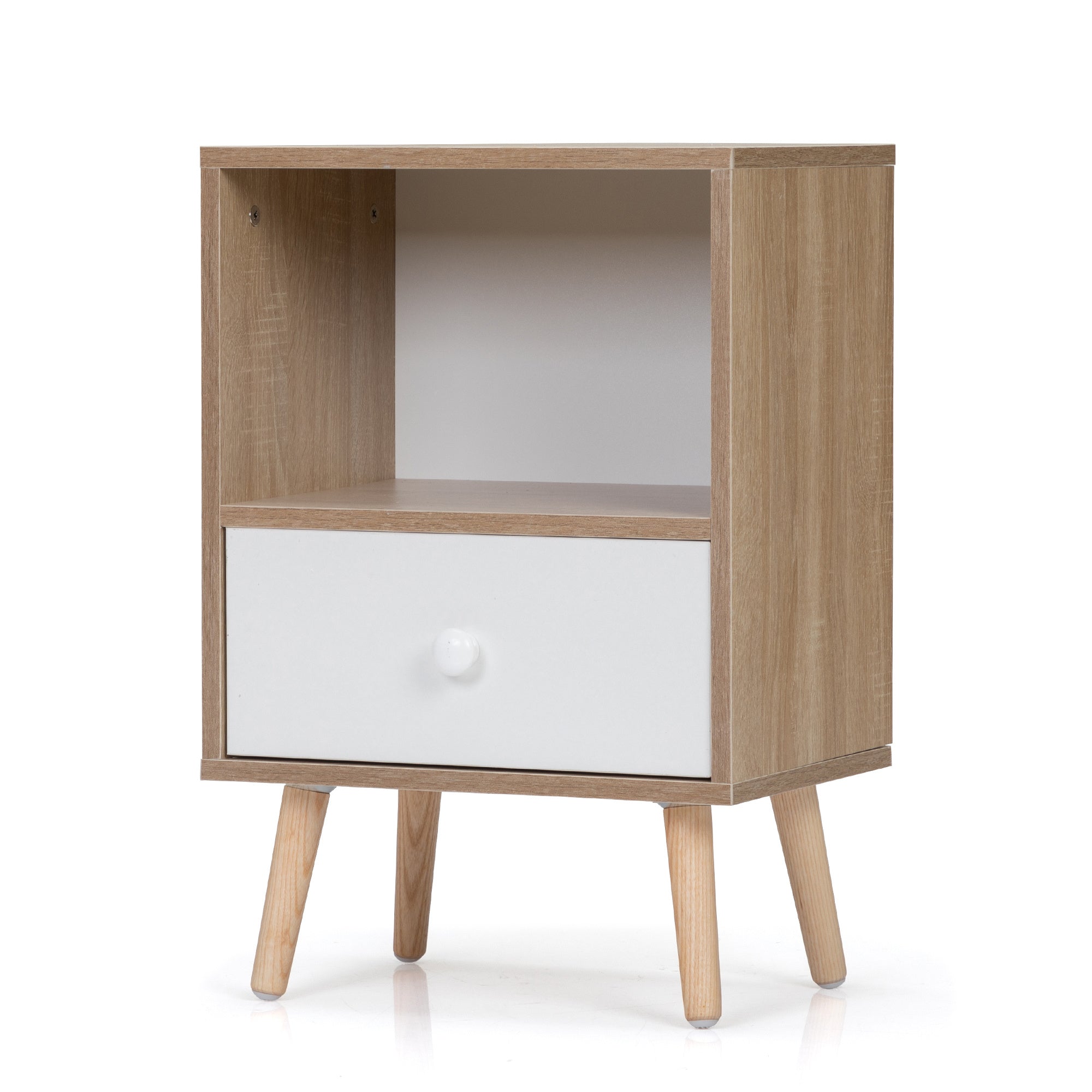 Coocosh modern bedside table with one white drawer and natural wood legs, featuring an open shelving compartment, presented from a straight-on main view, perfect for stylish bedroom storage solutions.