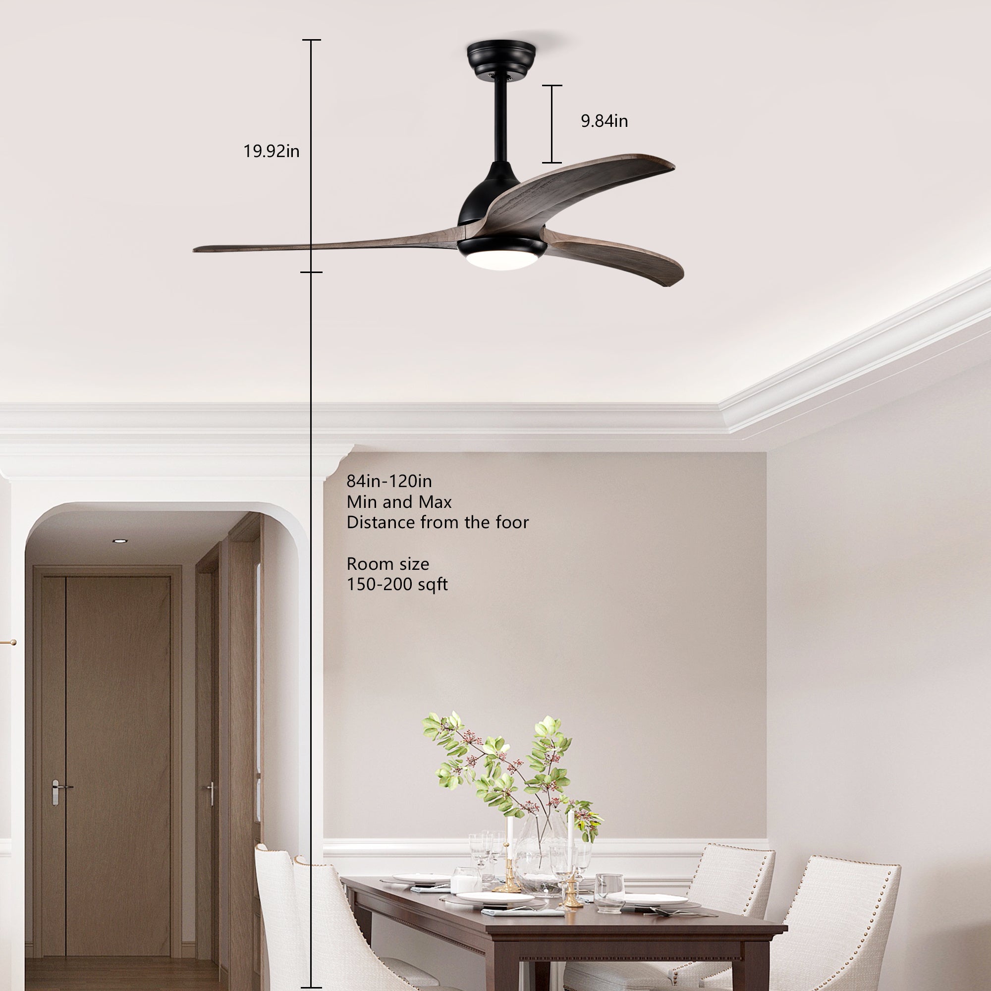 52" Ceiling Fan with Light & Remote — Indoor/Outdoor, Matte Black