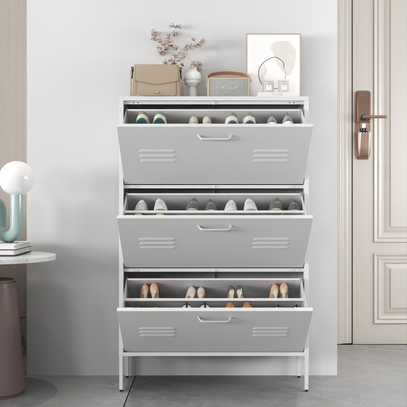 Coocosh White Freestanding Shoe Organizer with a strong metal frame, equipped with flip drawers, ideal for hallway storage solutions.