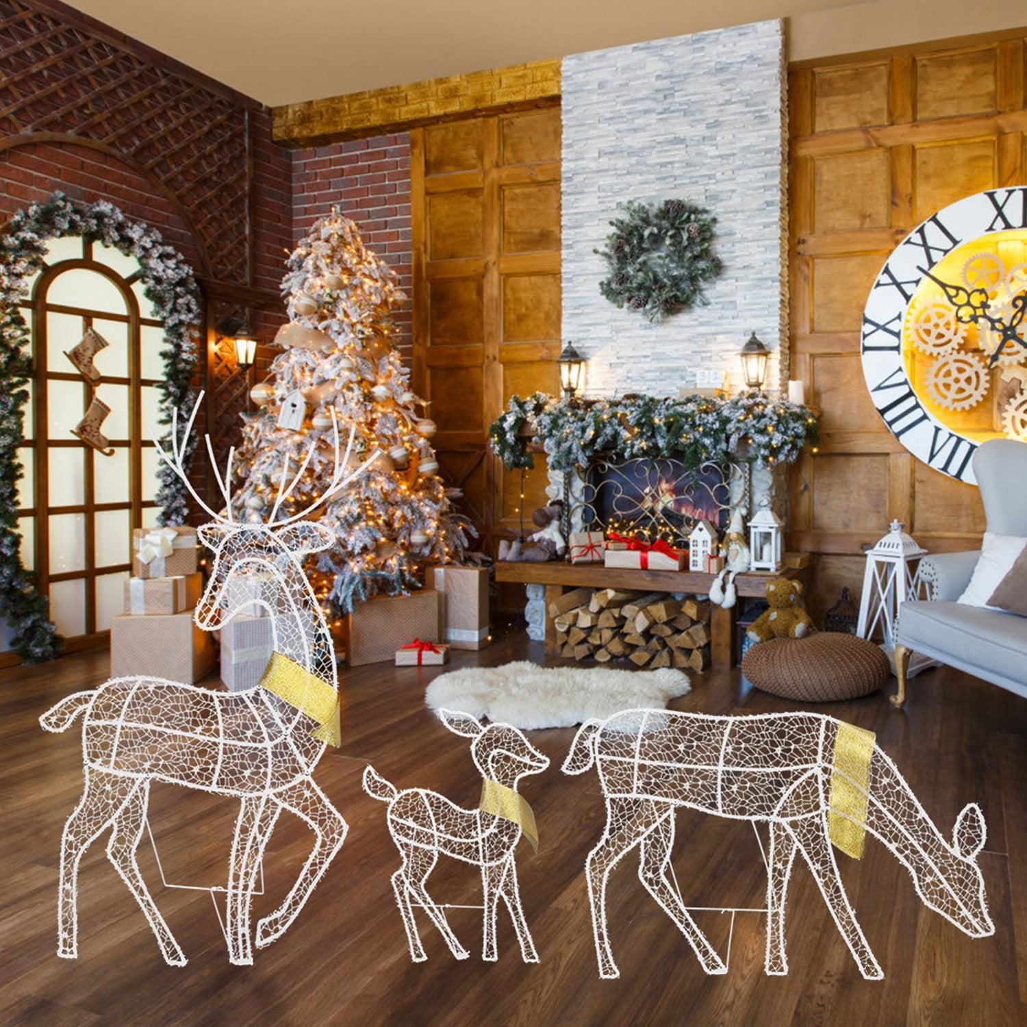 3 Sets Lighted 2D Reindeer Family — Warm Yellow LED Christmas Decoration (Buck, Doe, Fawn)