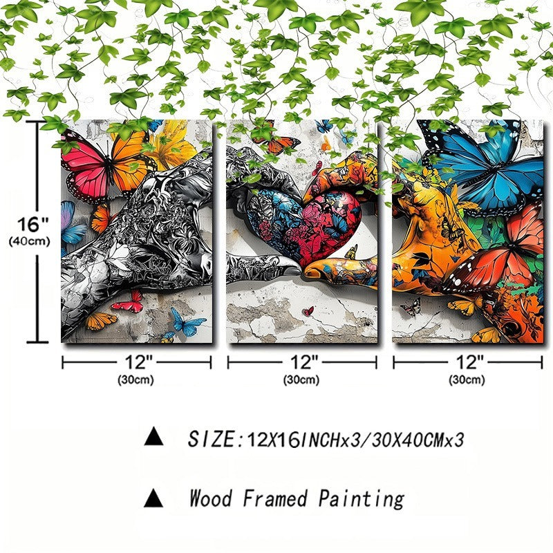 Framed 3pcs Graffiti Holding Hands Love Heart Canvas Wall Art