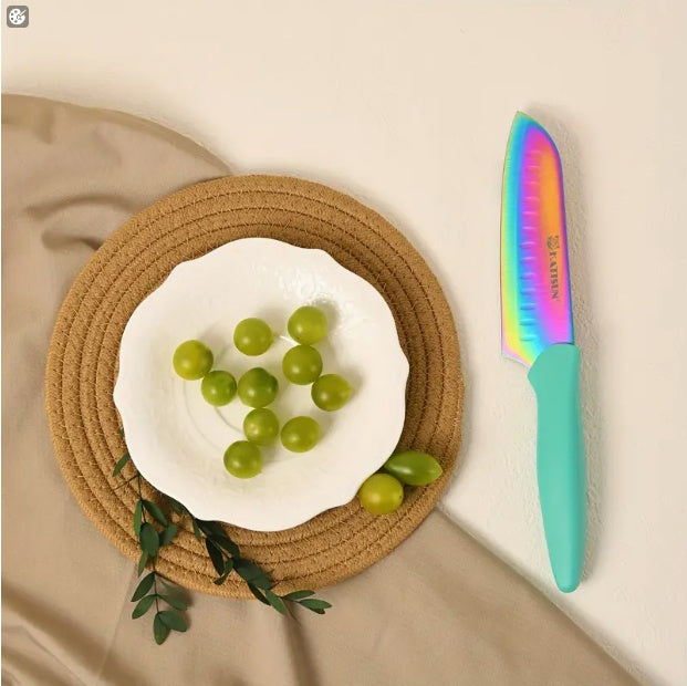 14-Piece Rainbow Colored High Carbon Stainless Steel Kitchen Knife Set with Wooden Stand & Scissors