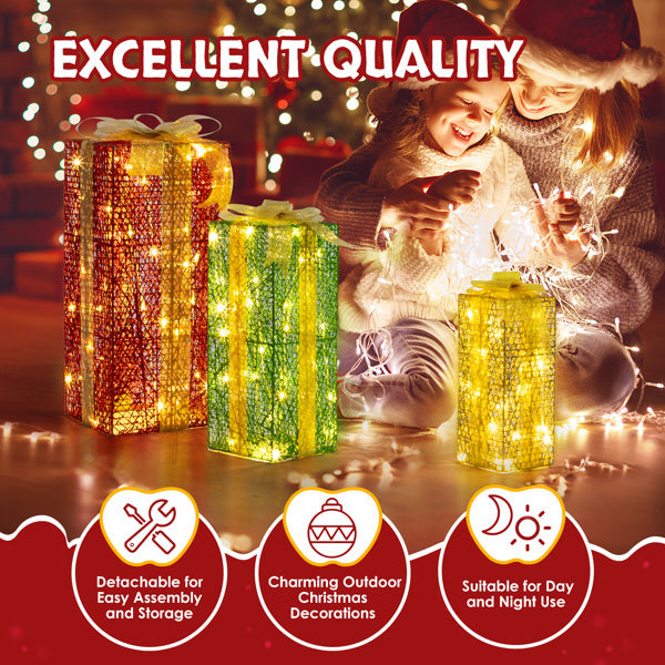 3pcs 18in-15in-11in Green Gold Christmas Lighting Gift Box
