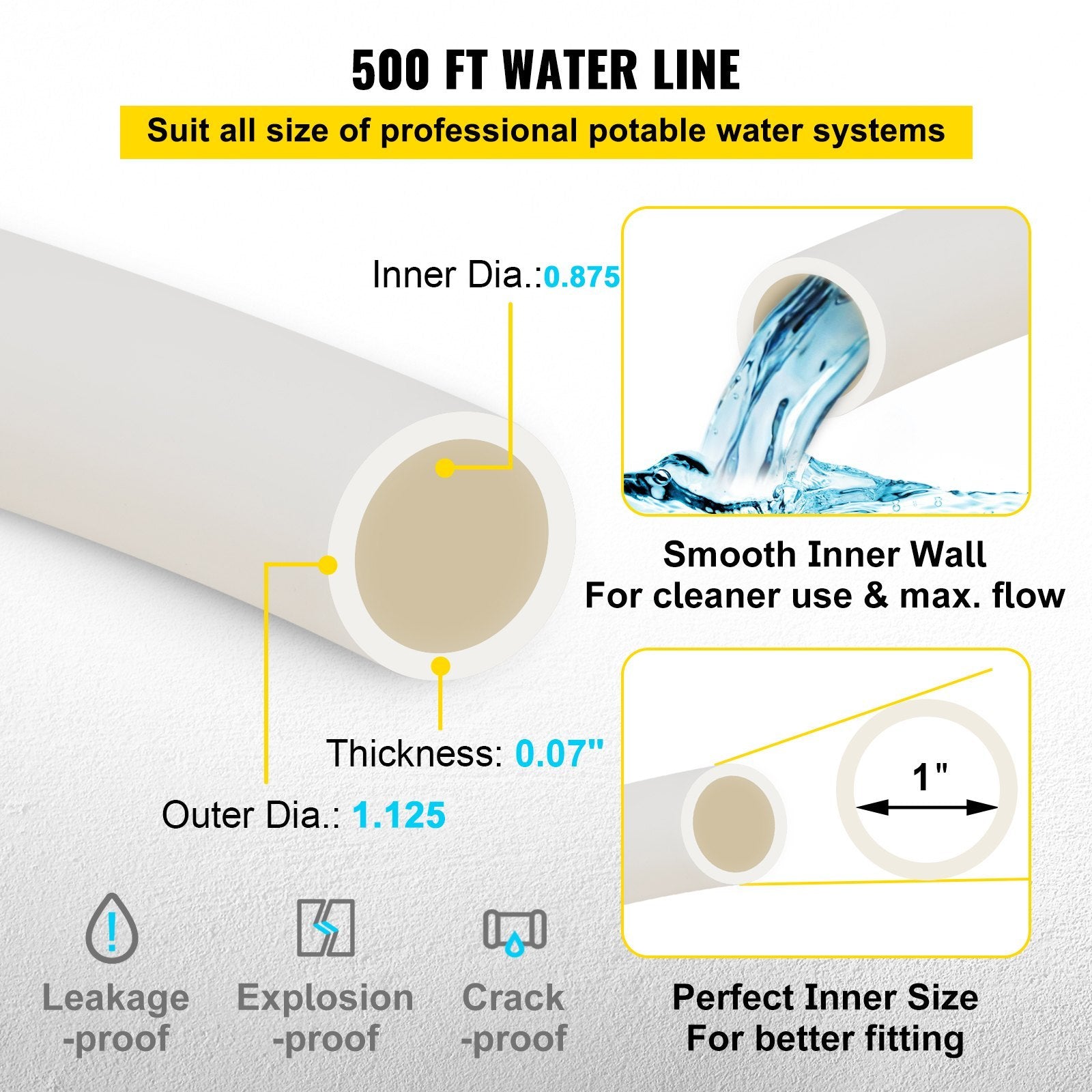 VEVOR PEX Pipe 1" x 500 ft — Non Oxygen Barrier White PEX-B Tubing