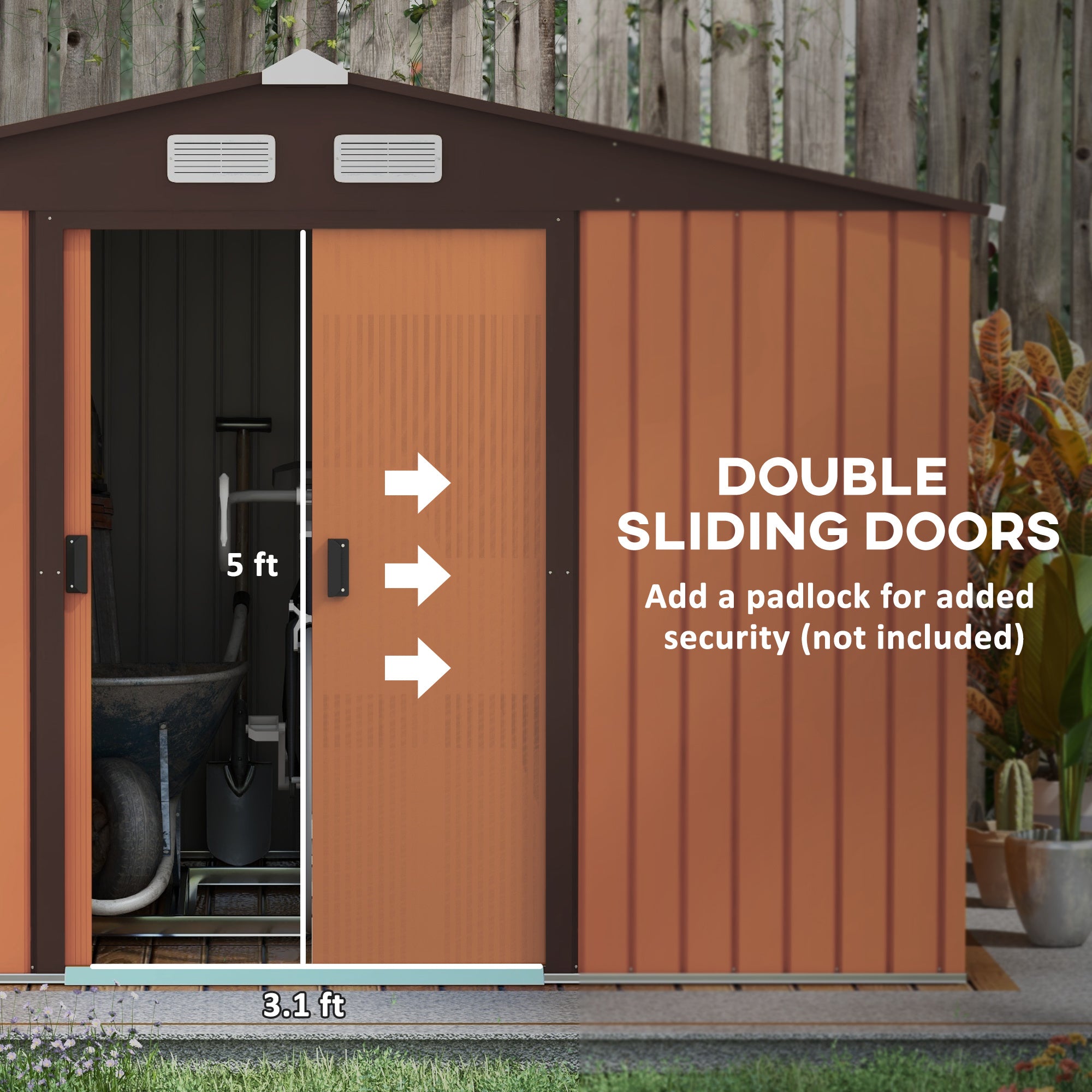 Coocosh Storage Shed with Double Sliding Doors, featuring durable metal construction and an orange-brown exterior, measuring 5 ft in height and 3.1 ft in width, showcased in a main view with a landscaped backdrop.