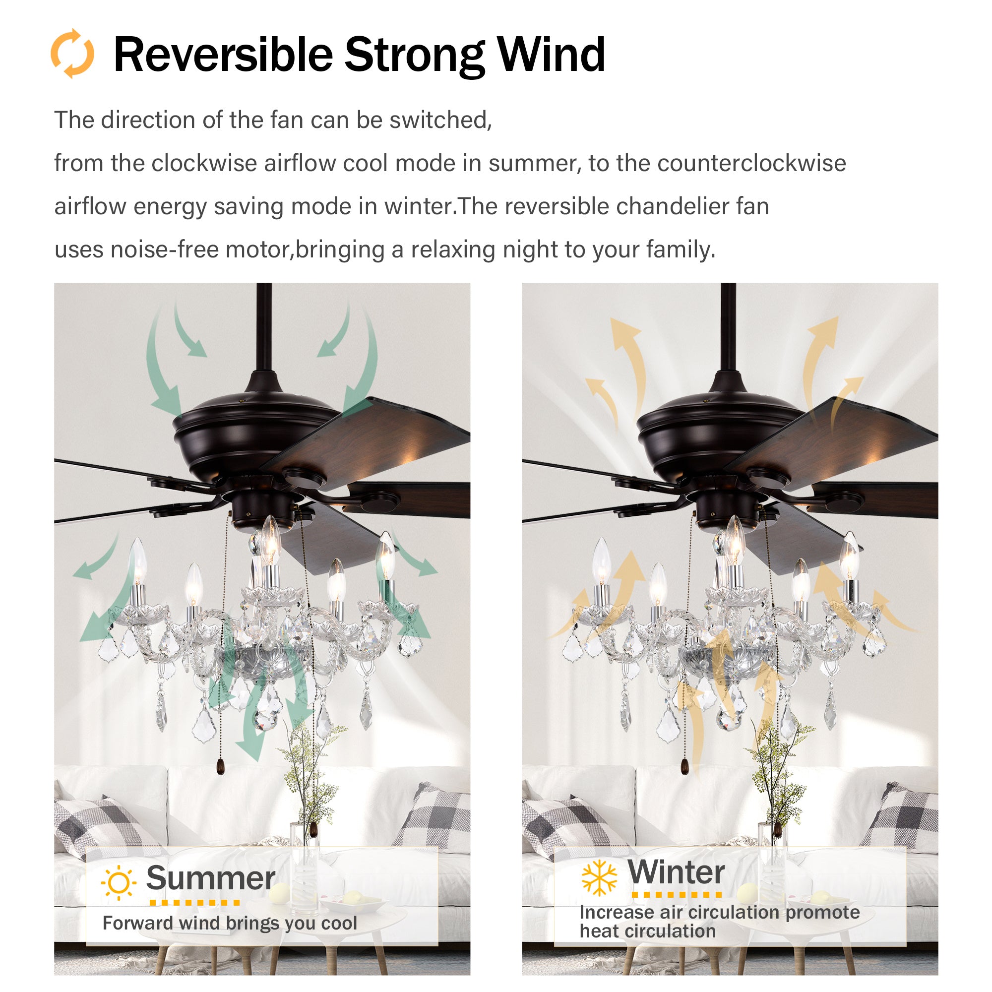 52" Matte Black Crystal Shade Ceiling Fan Lamp — 3-Speed Reversible Motor, 5 Reversible Blades (E12×5, Bulbs Not Included)