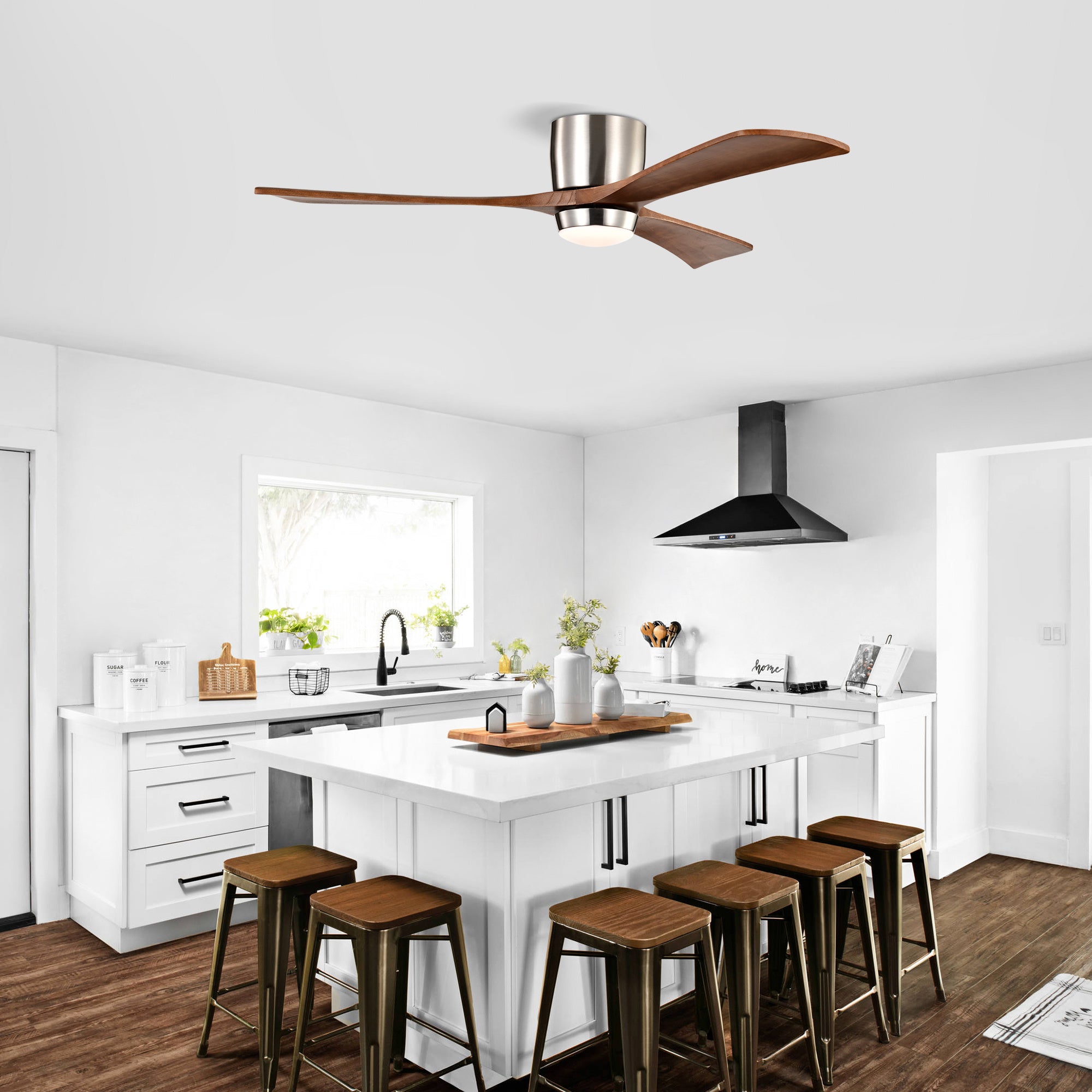 52" Ceiling Fan with Lights - DC Motor, Remote, Reversible (Stain Nickel + Walnut)