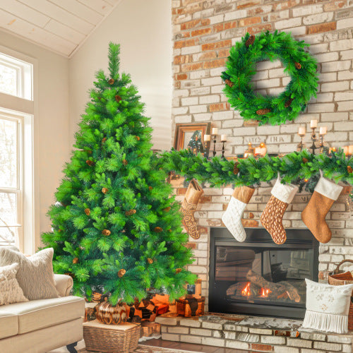 6FT Grass Green Pre-Lit Christmas Tree Set with 9ft Garland & 1.64ft Wreath