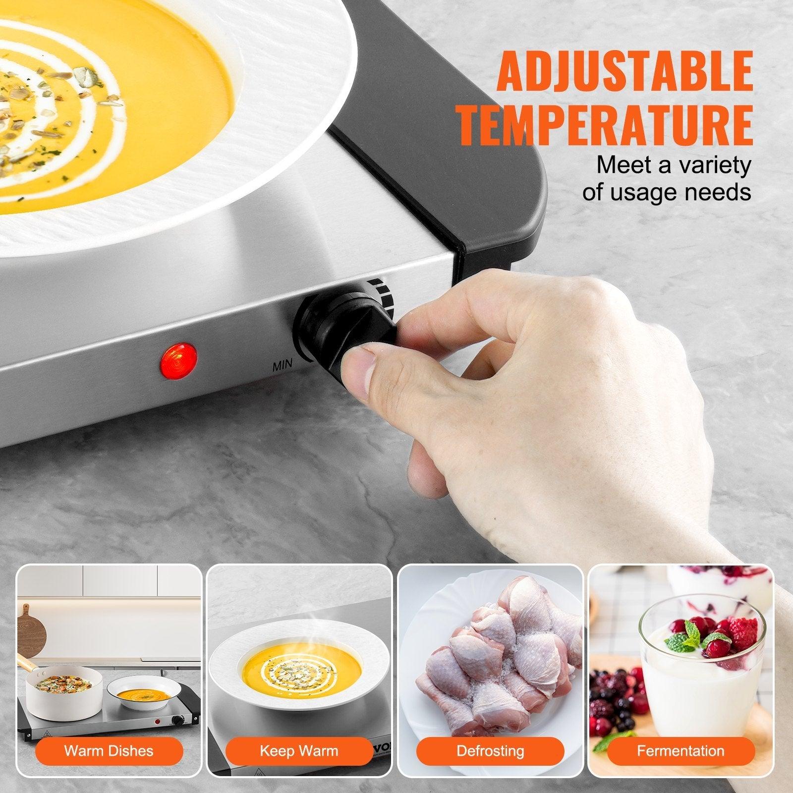Coocosh Cooking Device with Adjustable Temperature Control, Stainless Steel Finish, Designed for Versatile Cooking including Warming and Defrosting, Illustrated with a Hand Adjusting Settings, Ideal for Modern Kitchens.