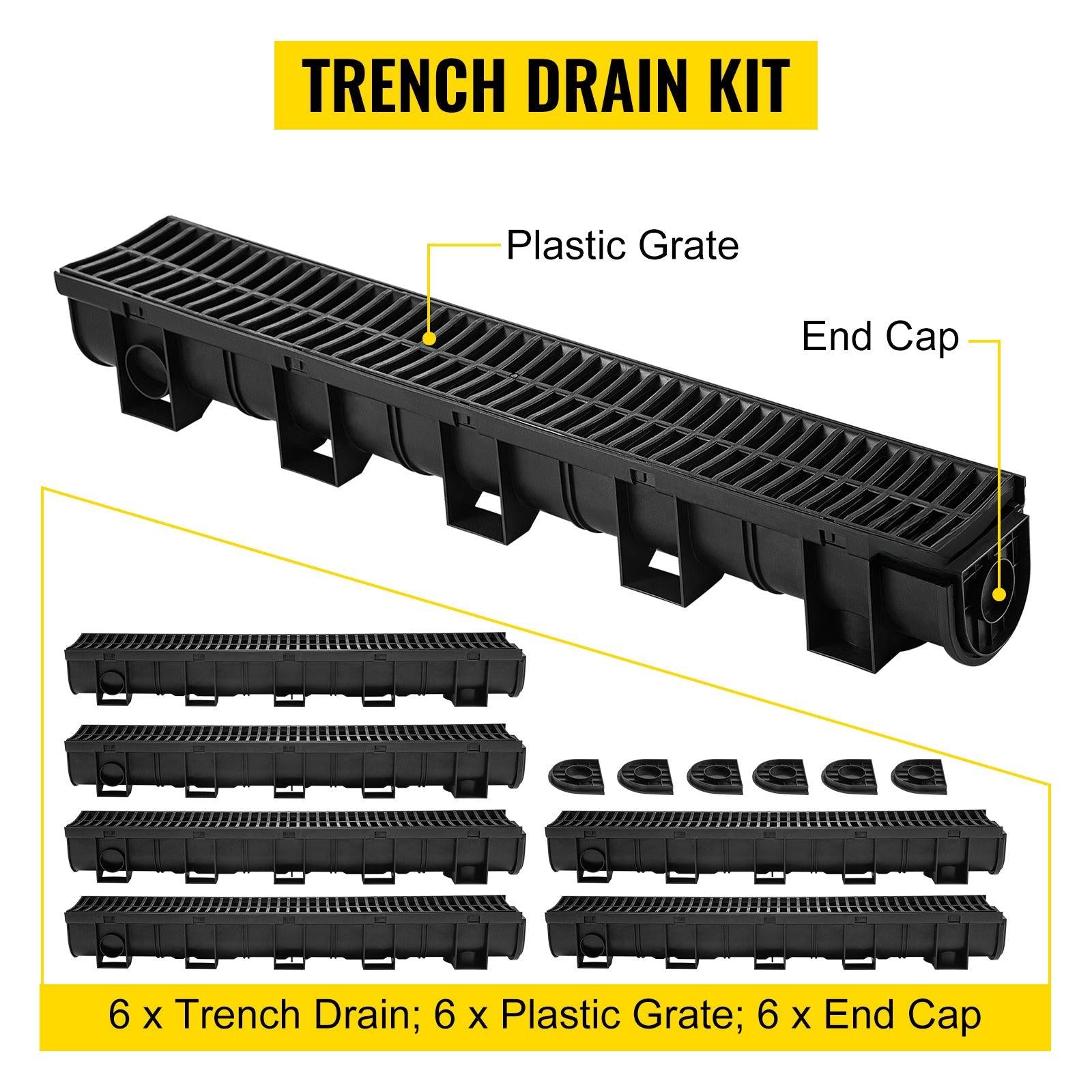 Coocosh Trench Drain Kit including six plastic grates, six end caps, and six trench drains, made from durable black plastic for efficient water drainage, perfect for outdoor and landscaping applications.