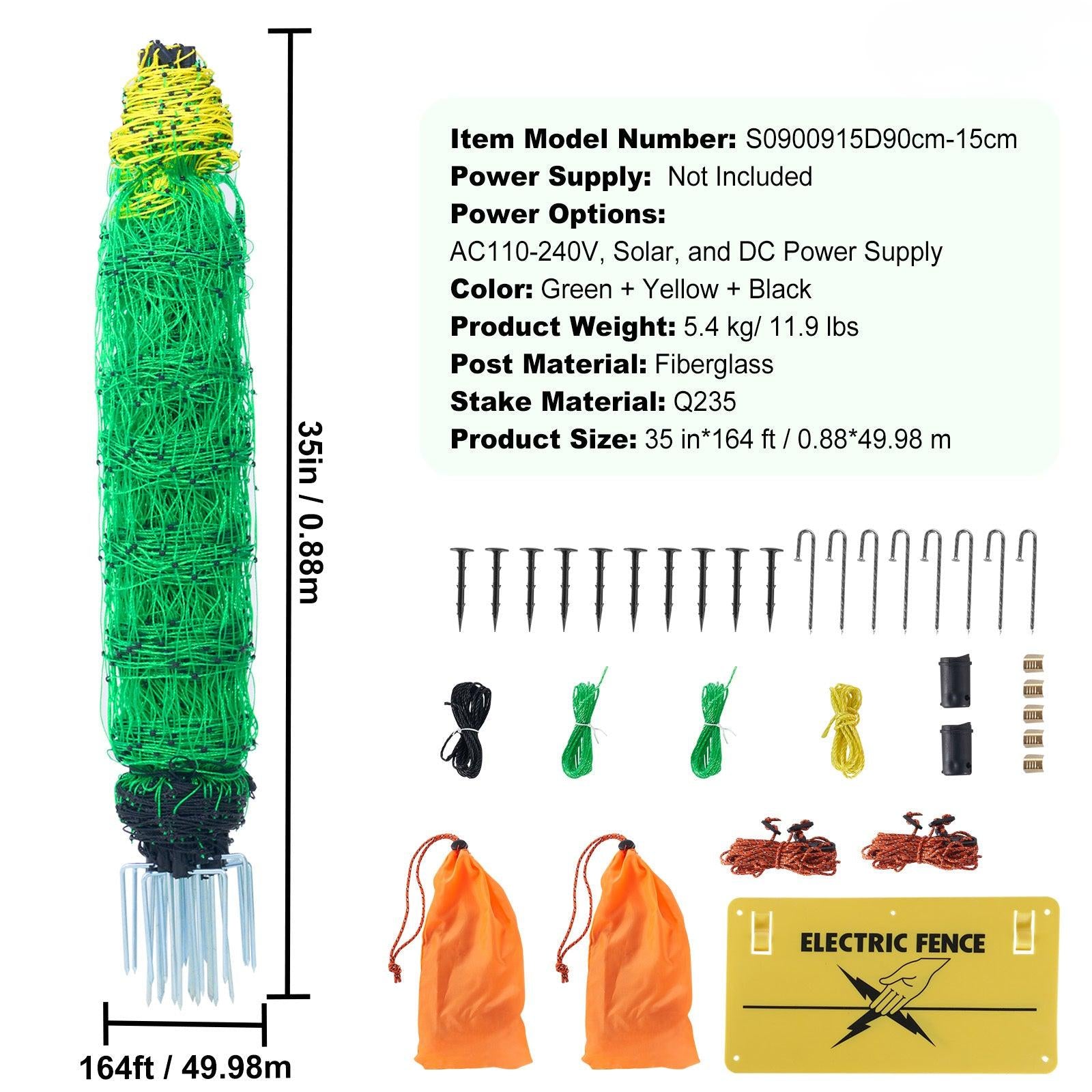 Coocosh Electric Fence System with Fiberglass Posts, featuring multi-colored design in Green, Yellow, and Black, measuring 35 in x 164 ft, showcasing a detailed view of components and accessories for effective livestock protection.