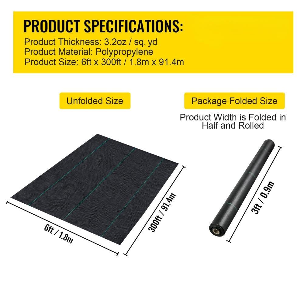 Coocosh Polypropylene Ground Cover 6ft x 300ft, featuring durable 3.2oz/sq. yd thickness, in sleek black color, presented in an unfolded perspective showcasing dimensions for optimal outdoor use.