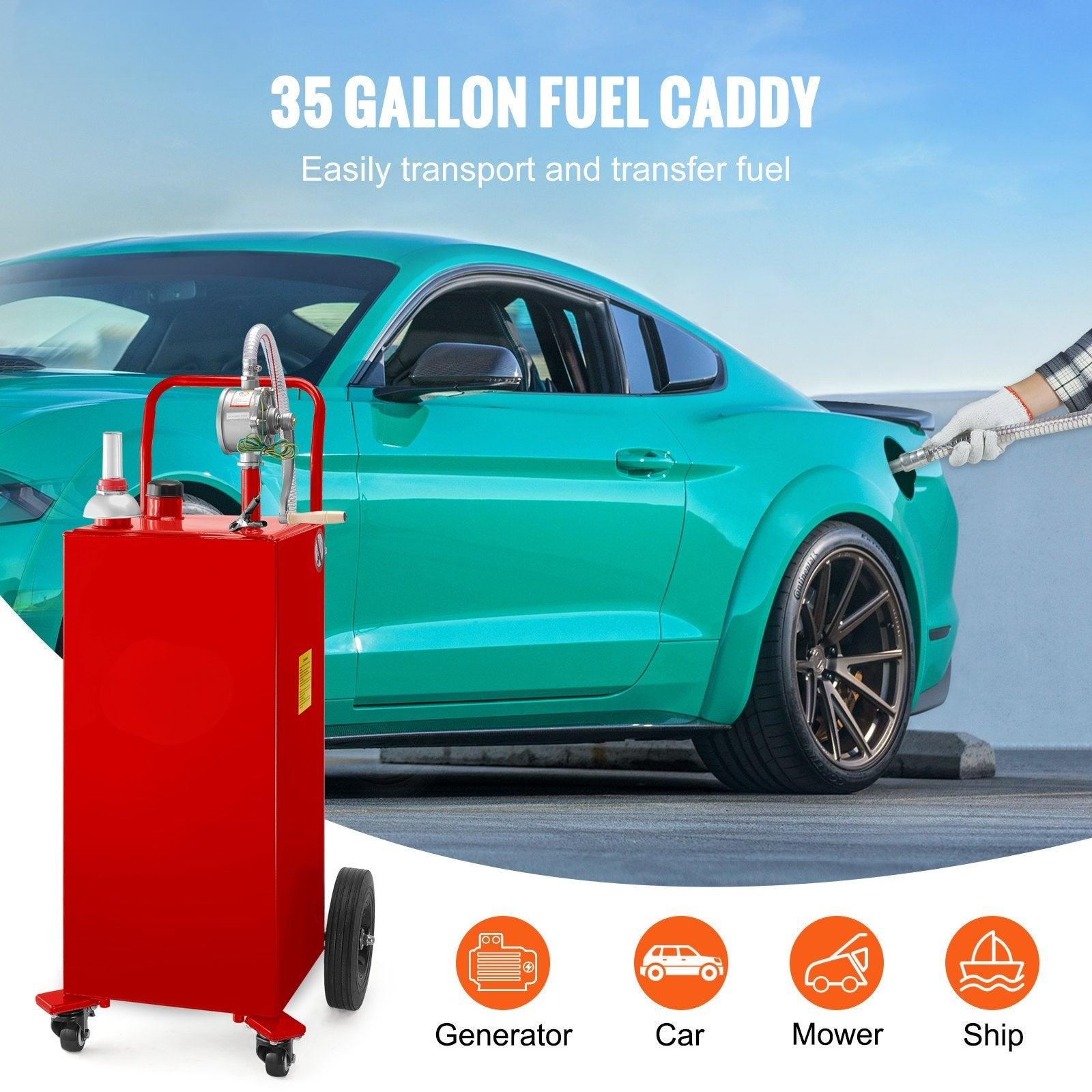 Coocosh 35 Gallon Fuel Caddy, red, with a car in the background and icons for generator, car, mower, and ship, offering easy transport and fuel transfer.