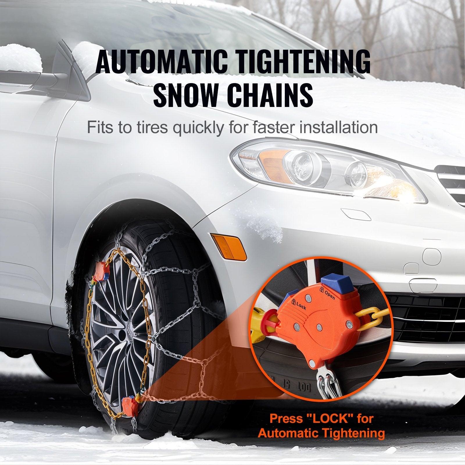Coocosh snow traction chains featuring a diamond mesh design, engineered with high-quality manganese steel for superior performance on snow-covered roads, suitable for diverse vehicles.
